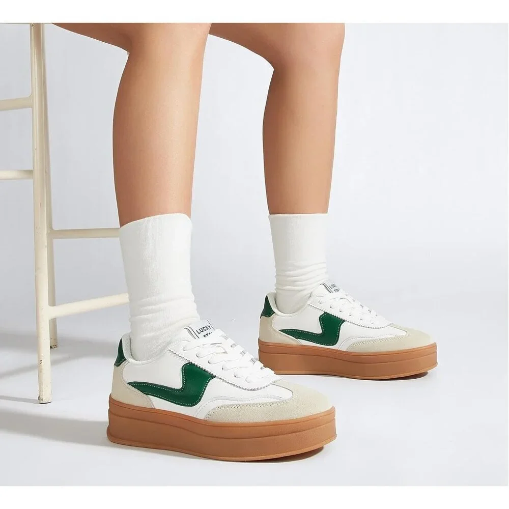 Women Platform WhiteGreen Sneaker Thick Sole Suede Leather Low Top Walking Shoes - Picture 8 of 9